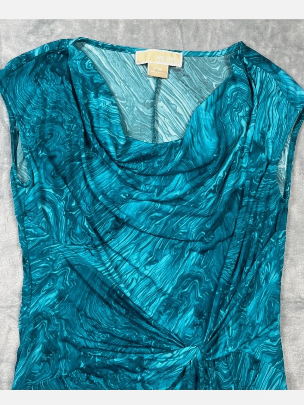 Michael Kors Womens Teal Marble Print Ruched Draped Twist Front Midi Dress PS